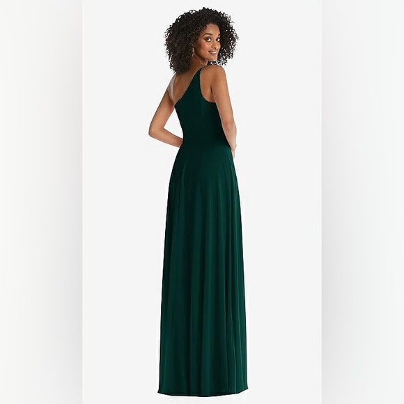 NWT After Six one Shoulder Chiffon Maxi Dress with Slit in Evergreen - Picture 3 of 6